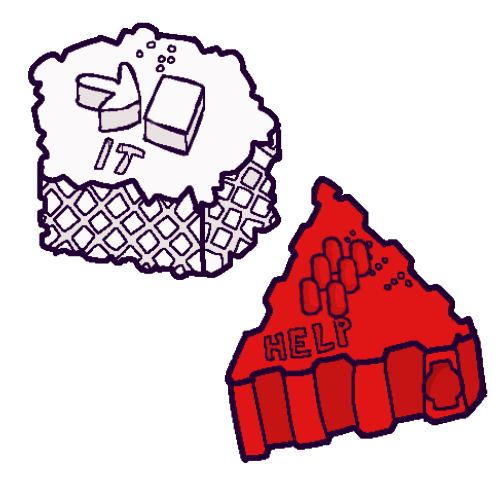  A drawing of two “universal core” tactile symbols. One is a white hexagon with a diamond pattern on the sides, and an arrow pointing to a square, the text “IT”, and English braille  for “it” on top. The other is a red triangle with ridges on the sides, and six tall bumps, the text “HELP”, and English braille for “help” on top.